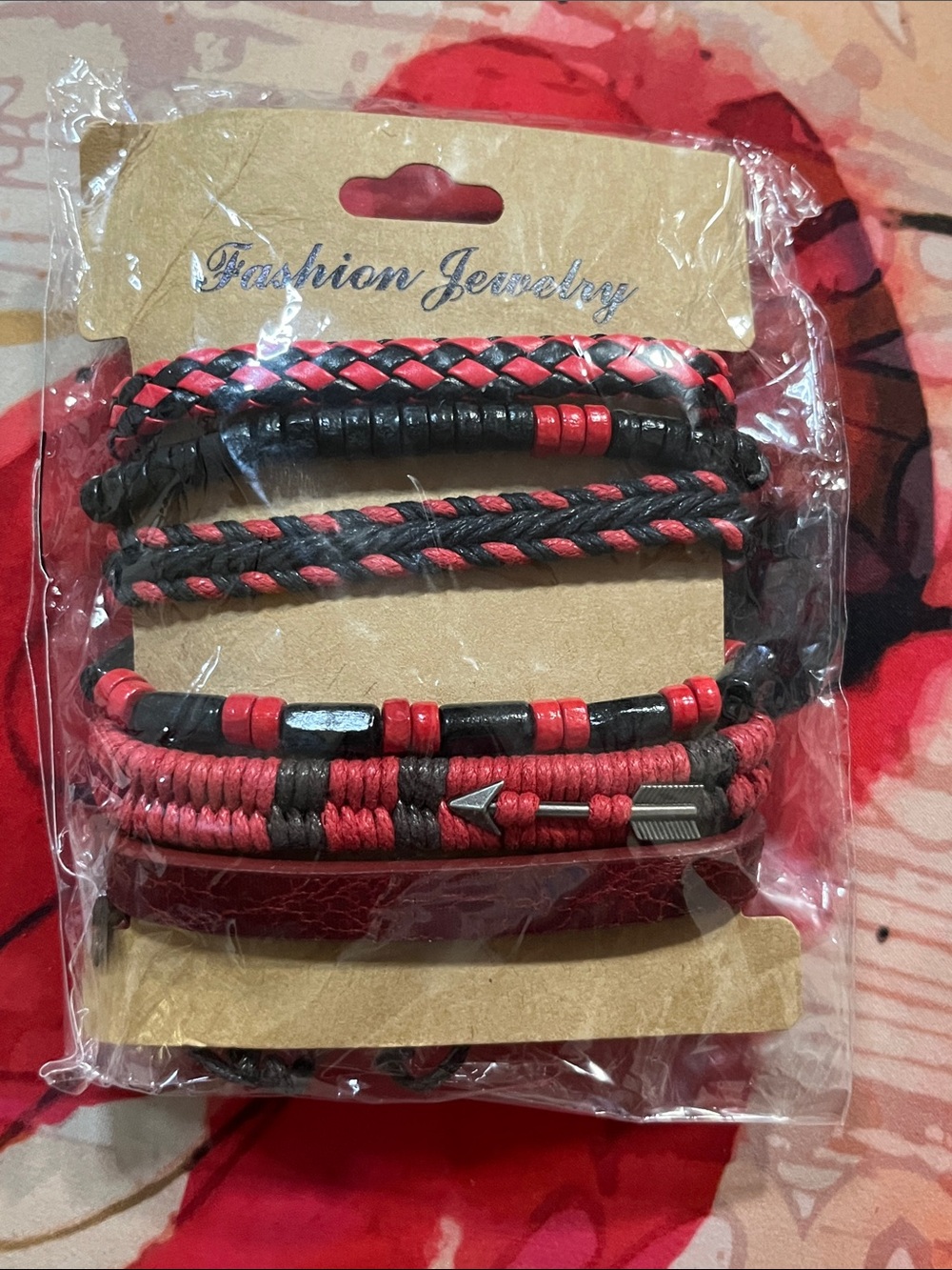 Fashion Jewelry Red and Black Braided Cord Bracelet Set
